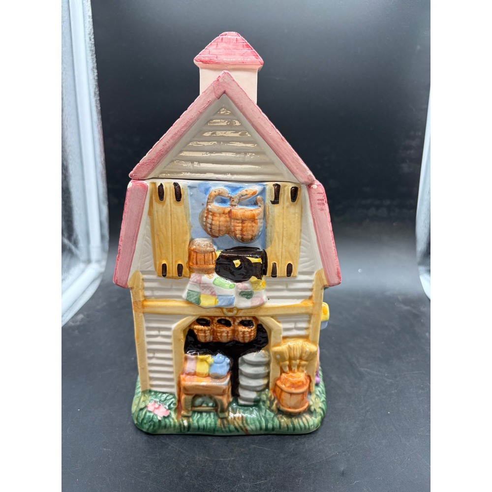 Vintage Country Crafts Barn House Ceramic Cookie Jar Pink Cottagecore Decor